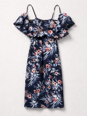 Navy Floral Off-Shoulder Midi Dress